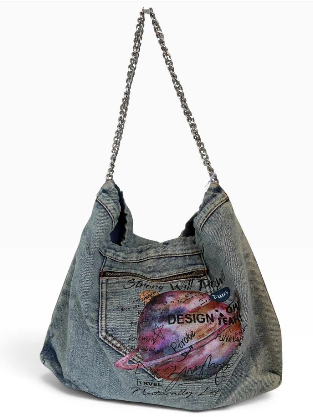 Y2K Denim Graphic Shoulder Bag Silver Chain Strap Slouchy Hobo Purse